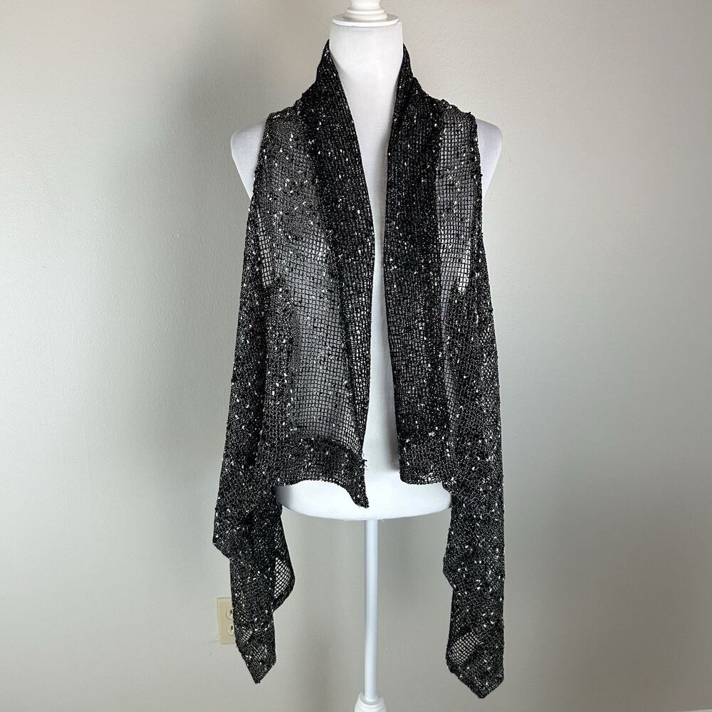 Katie Todd black crocheted open drapey folded neck cardigan sweater layered OS